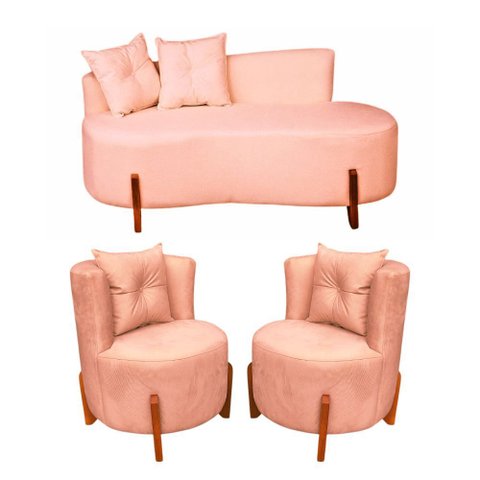 Conjunto 2 Poltronas + Sofá Curvo Orgânico Luna Boucle Rosa - Montanaris Decor