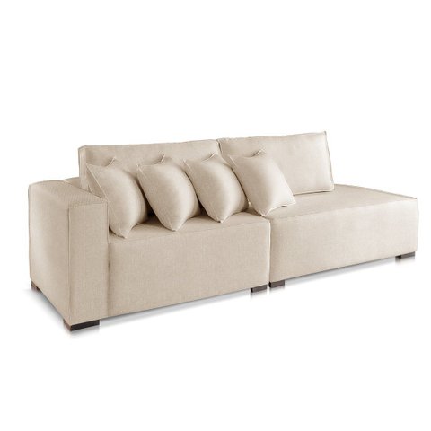 Sofá 4 Lugares Modulado Chaise Almofada Solta Molas Isa Be Linho Bege Claro 2,3m