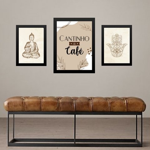 Set 3 Quadros Cantinho do Café Zen:moldura Preta