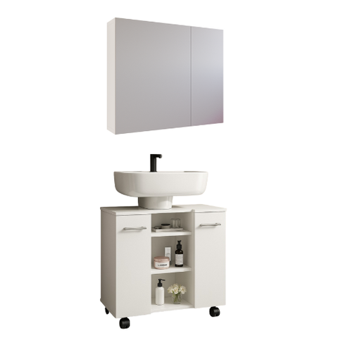 Conjunto Banheiro Espelheira Klein Gabinete Premium para Pia de Coluna - Jm3 Móveis:esp.branco-natur