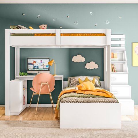 Beliche Office Infantil/Juvenil Moon com Escrivaninha em L e Escada 2 Portas e 2 Gavetas Yescasa Branco