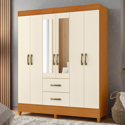 Guarda Roupa Arius 6 Portas com Espelho Cinamomo Off White