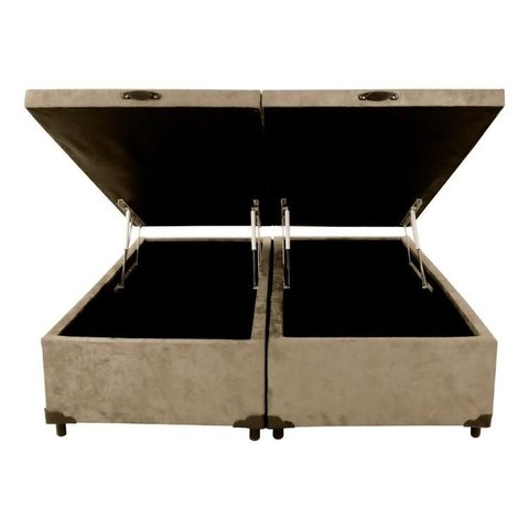 Cama Báu Box Base King Bipartido Suede Bege com Pistão a Gás.