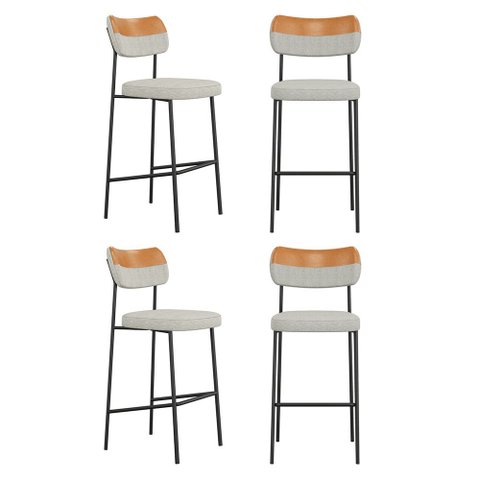 Kit 04 Banquetas Altas Cozinha Lila com Encosto Couríssimo Whisky Linho Cinza - Abmaza