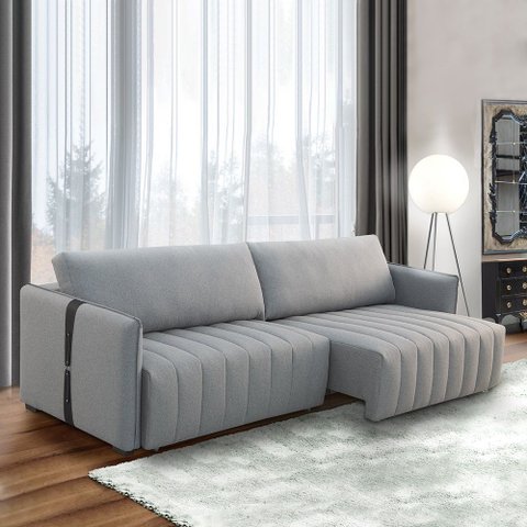 Sofá Sala de Estar 180cm Retrátril com Detalhe Lateral em Pu Comala Linho Cinza G93 - Gran Belo