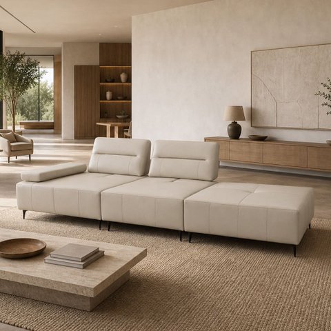 Sofá 4 Lugares com Puff para Sala Living 317cm Modular Pés Industrial Oslo L06 Couro Bege Areia - Ly