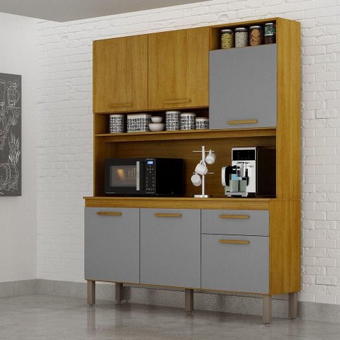 Armário Cozinha Naya 6 Pts 1gvt Nicho Decorativo Mobilihouse Cinamomo/cinza Acetinado