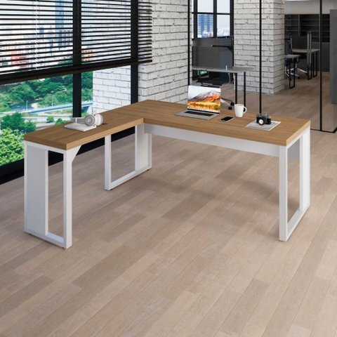 Mesa em L para Escritório Industrial sem Gavetas 150cm Macadâmia com Branco F5 Office