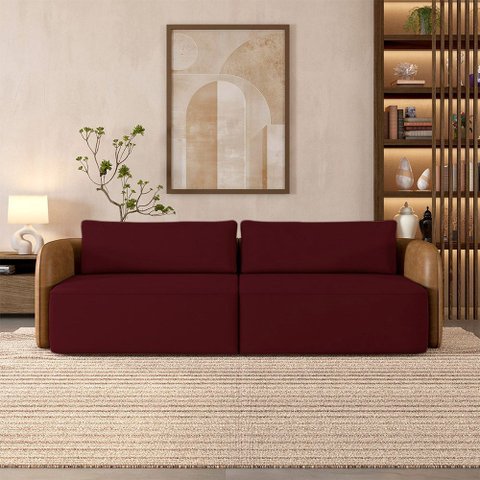 Sofá Living Sala de Estar Abel 220cm Bipartido Pés de Madeira Pu/veludo Caramelo/bordô G33 - Gran Be