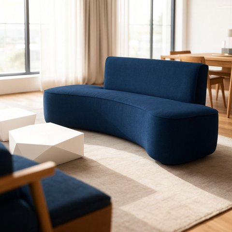 Sofá Feijão Orgânico Curvo 3 Lugar Suede Sala Contemporânea:azul Marinho
