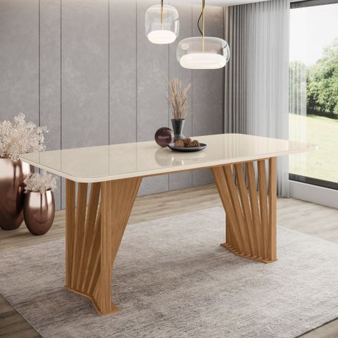 Mesa de Jantar 180cm Retangular 6 Lugares com Vidro Canto Arredondado Adriana Henn