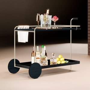 Carrinho Bar Agnes com Rodízios e Prateleiras Ébano Estrutura Metálica Champagne