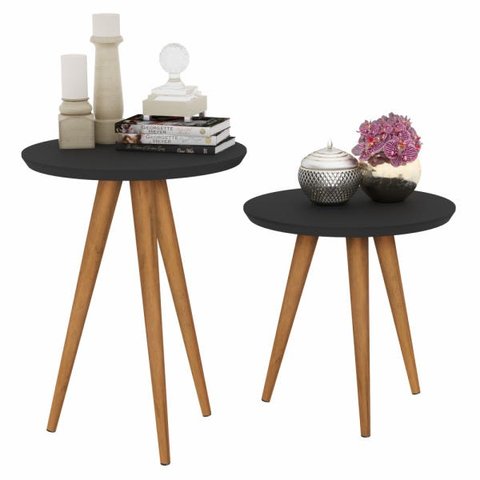 jogo 2 mesas retrô pés palito, lateral e apoio classic prime - preto - Comprar Moveis Em Casa