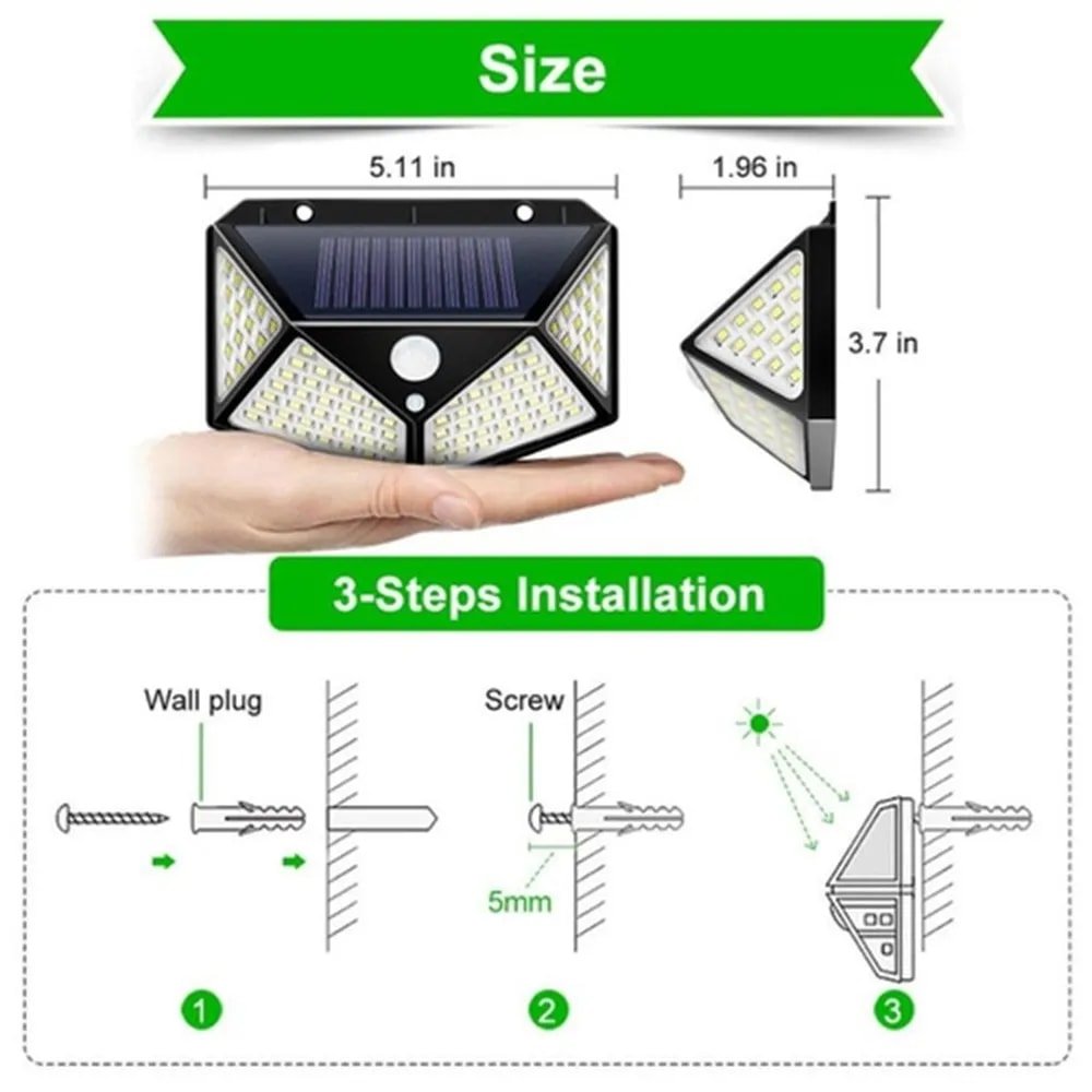 Luminária Solar Branco Quente 100 Led Sensor Presença 8 Unidades Spot Balizador Parede 3 Funçõ - 6