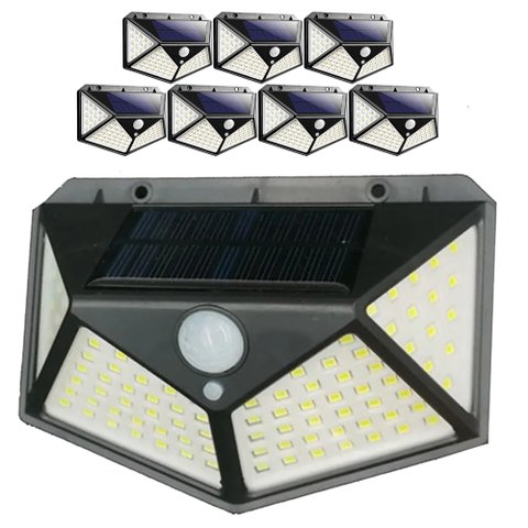 Luminária Solar Branco Quente 100 Led Sensor Presença 8 Unidades Spot Balizador Parede 3 Funçõ