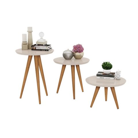 jogo 3 mesas retrô pés palito, centro, lateral e apoio classic prime - off white - Comprar Moveis Em