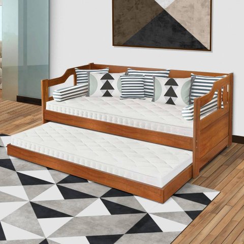 Sofá Cama Com Cama Auxiliar E 2 Colchões Em Madeira Maciça Solteiro Castanho Atraente