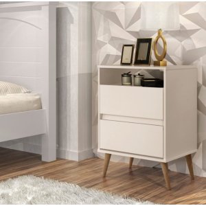 Mesa de Cabeceira Estilo Retrô Pés Palito 2 Gavetas Lotus - Off White - Comprar Moveis em Casa