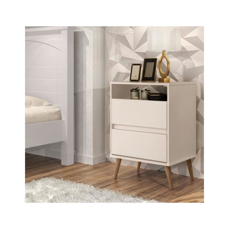 Mesa de Cabeceira Estilo Retrô Pés Palito 2 Gavetas Lotus - Off White - Comprar Moveis em Casa