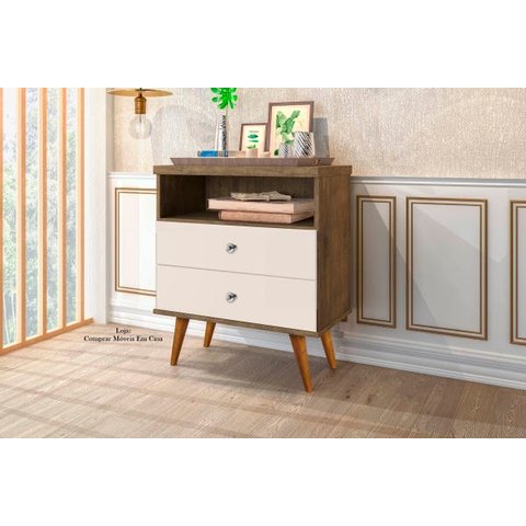Mesa de cabeceira retrô pés palito STATUS - 2 Gavetas cor Jequitiba com Off White - Comprar Moveis E
