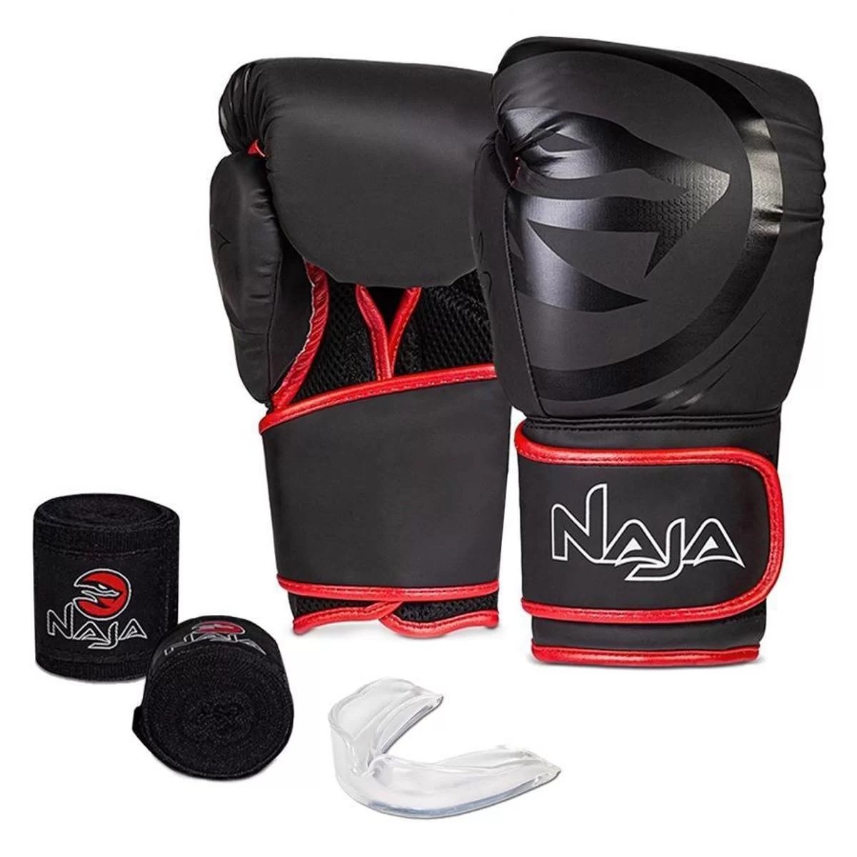 Kit Luva de Boxe Muay Thai - Naja Black Preto/vermelho + Bandagem+bucal:16/preto/vermelho - 8