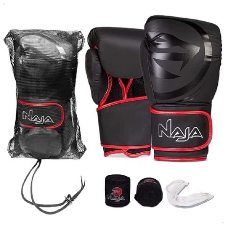 Kit Luva de Boxe Muay Thai - Naja Black Preto/vermelho + Bandagem+bucal:16/preto/vermelho