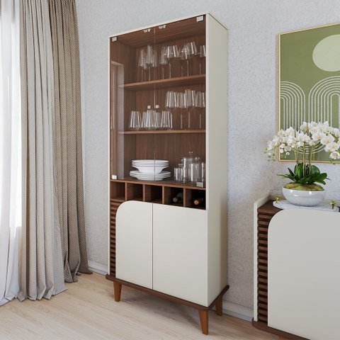 Cristaleira com Adega Jurere 02 Portas e 02 Portas de Vidro Nogueira Real Off White Matte Colibri