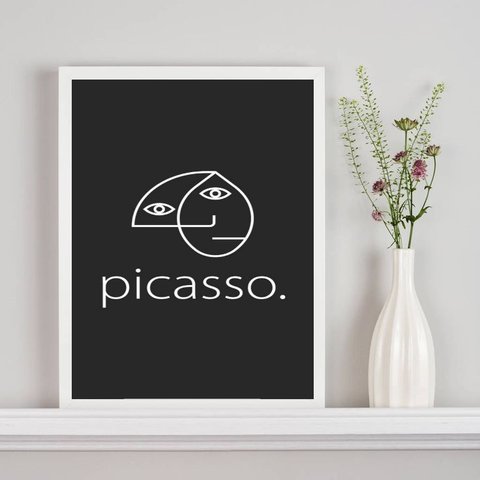 Quadro Minimalista Fundo Preto Picasso 45x34cm - com Vidro:madeira Branca