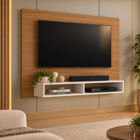 Painel Suspenso para TV até 49 Polegadas com 2 Nichos Marrom/Off White - Nótavel Móveis