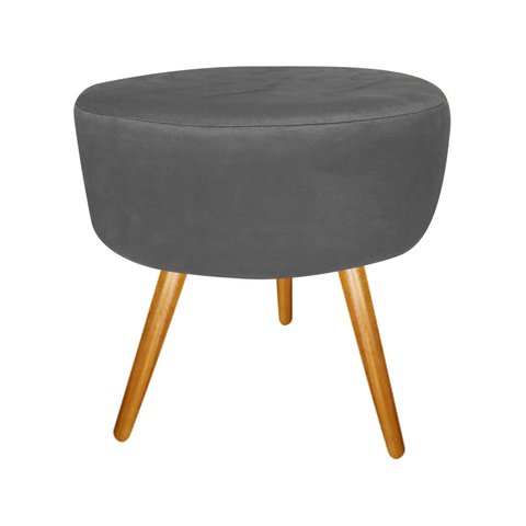 Puff Puff Decorativo Lavínia Redondo Suede Cinza Pés Palito Madeira Ms Decor