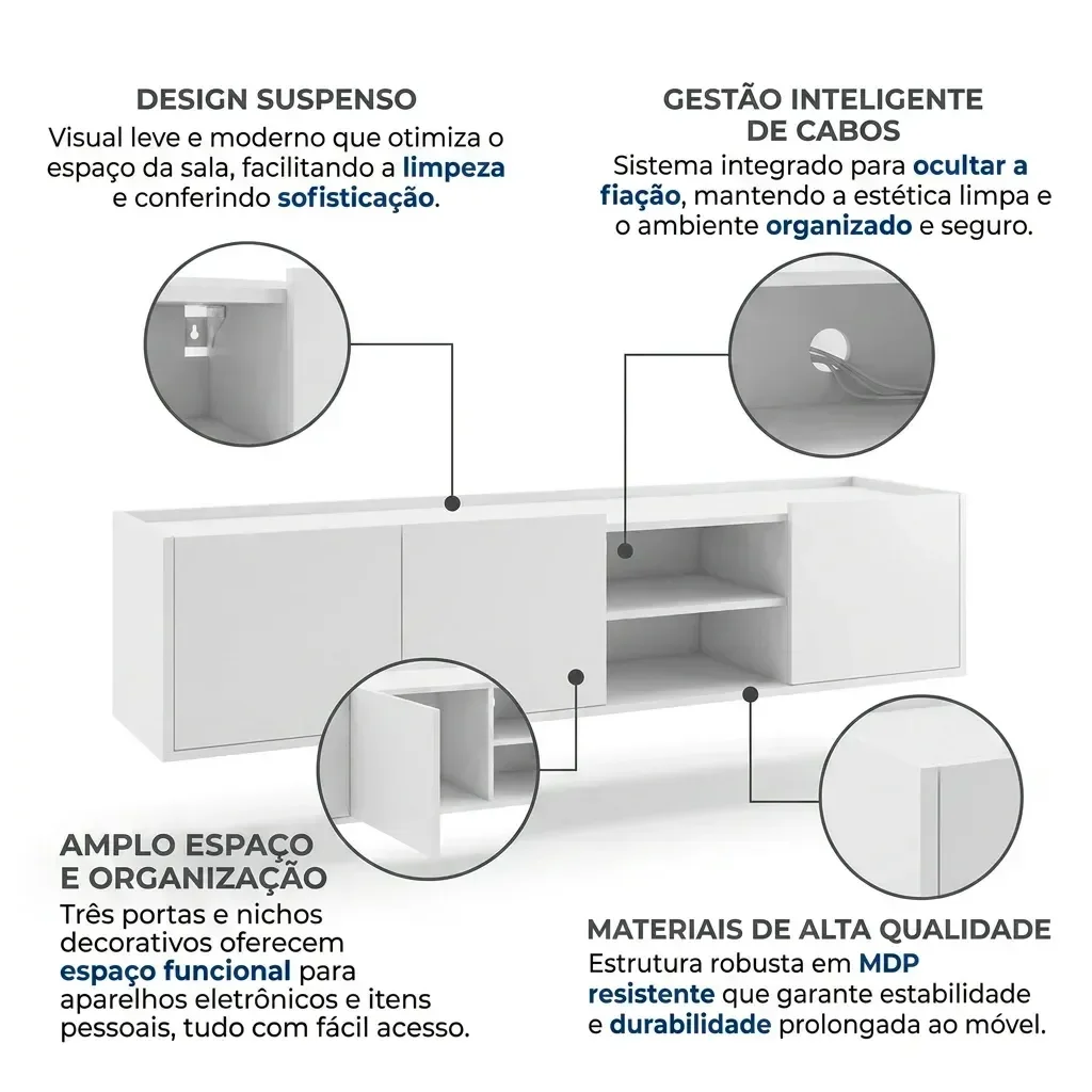 Ver imagem 5 de Rack para TV até 52 Polegadas MDF 155cm Moderno com Portas e Nichos Decorativos Branco