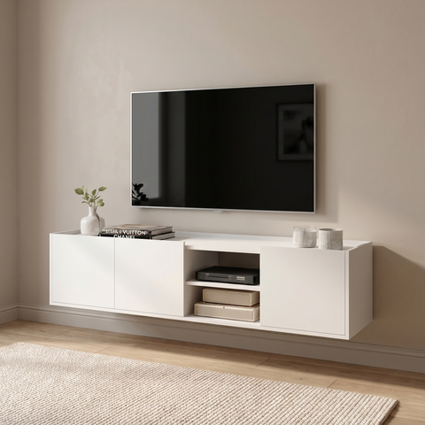 Rack para TV até 52 Polegadas MDF 155cm Moderno com Portas e Nichos Decorativos Branco