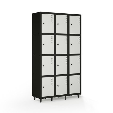 Armário Roupeiro Locker Guarda-Volume de Aço 12 Portas Pequenas com Fecho para Cadeado Vestiário Academia Cinza/Preto