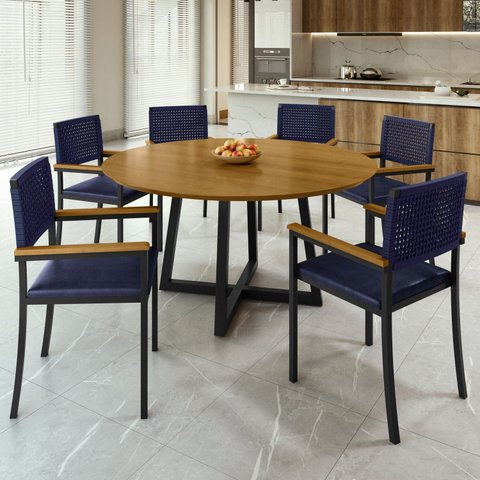 Conjunto Sala de Jantar Mesa Redonda 6 Cadeiras com Braço MDF Coliseu Azul/Preto