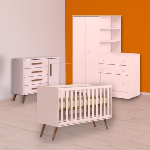 Conjunto Berço Mini Cama Retrô, Cômoda Sapateira Retrô e Guarda Roupa C/ Cômoda Rosa