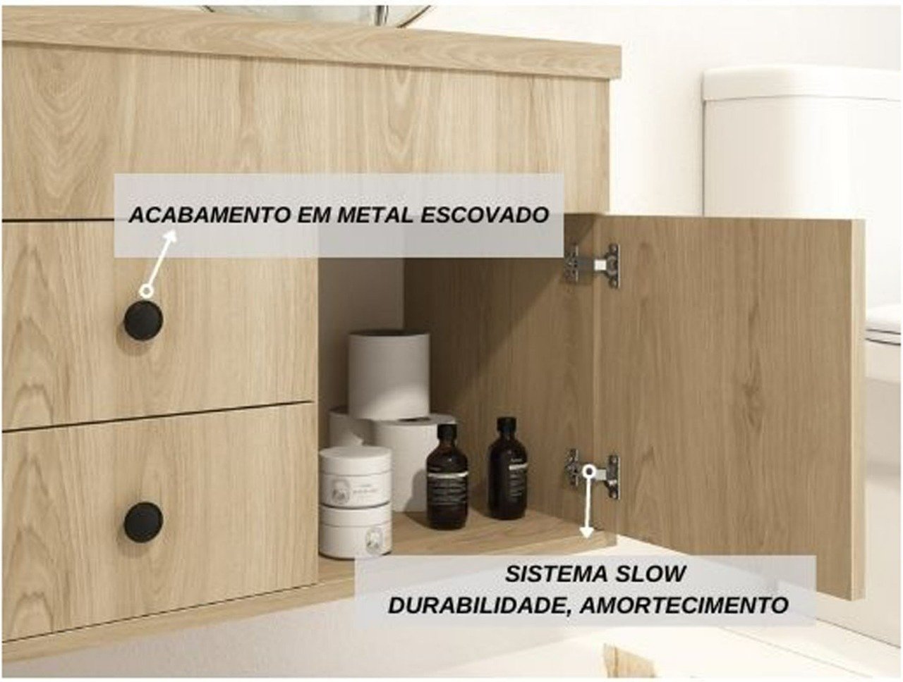 Ver imagem 6 de Armário Para Banheiro Luna 61x46 MDF Espelho Lapidado e Cuba Vidro Cor:Nature