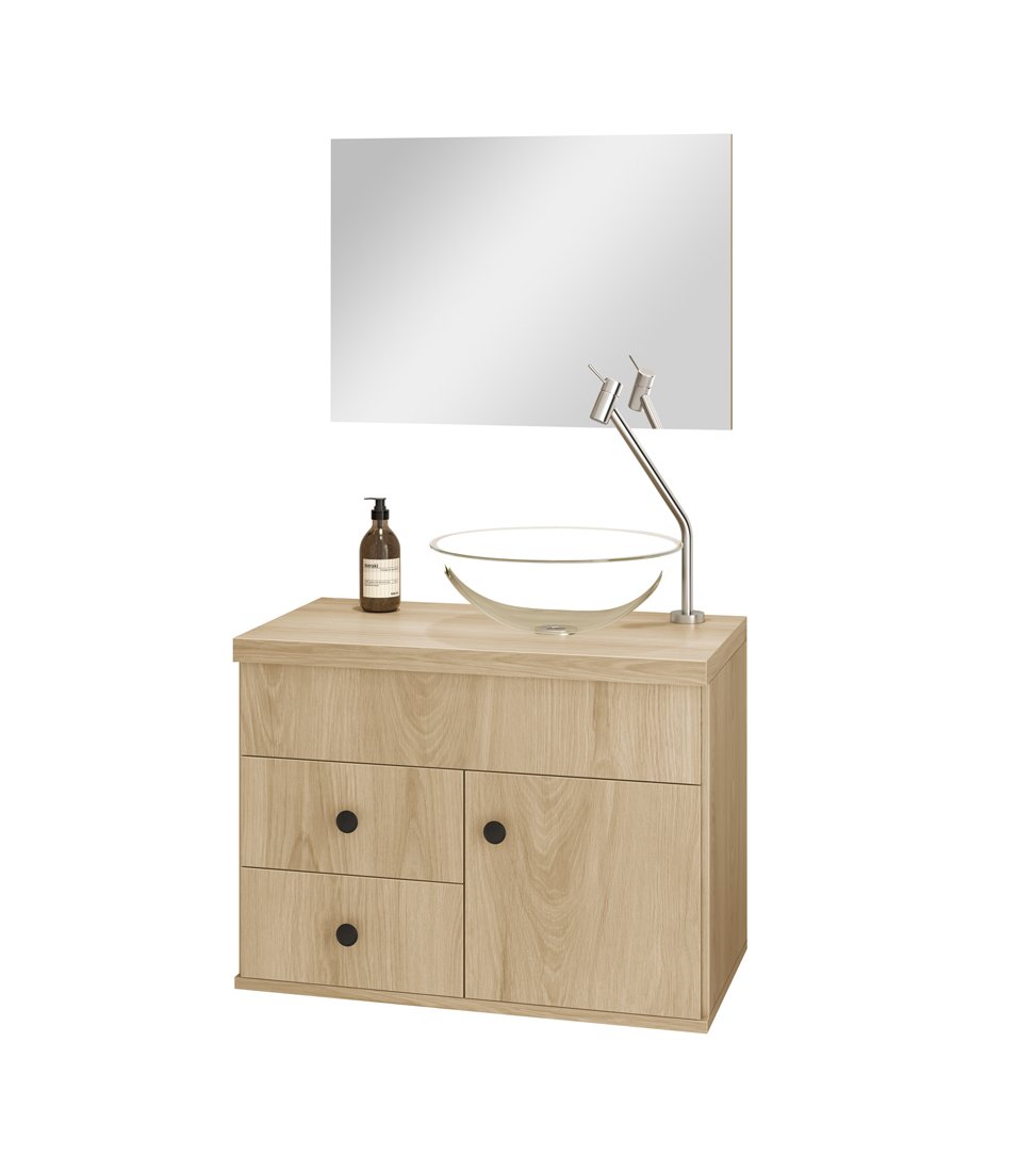 Ver imagem 2 de Armário Para Banheiro Luna 61x46 MDF Espelho Lapidado e Cuba Vidro Cor:Nature