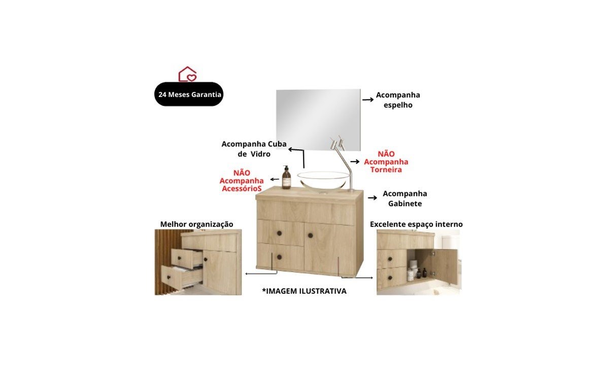 Ver mais imagens de Armário Para Banheiro Luna 61x46 MDF Espelho Lapidado e Cuba Vidro Cor:Nature