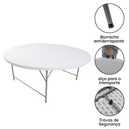Mesa Dobrável Redonda 180cm Branca 8 Lugares Portátil e Resistente Multiuso com Alça para - 3