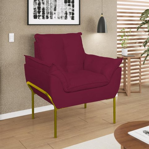 Poltrona Sofá Luxo Base Metal Dourada Recepção Escritório Cor:marsala