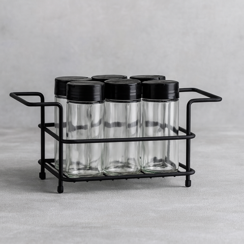 Suporte Organizador Porta Tempero + 6 Frascos em Vidro