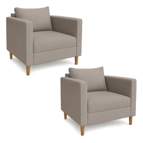 Kit 02 Poltronas Decorativa Milena Linho Capuccino Pés de Madeira - Pallazio