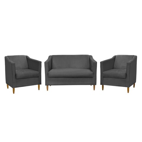Kit Namoradeira e 2 Poltronas Titânio Suede Cinza