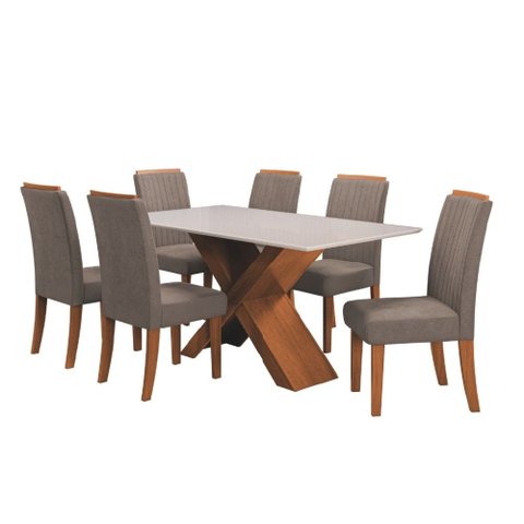 Conjunto de Mesa Sala de Jantar Tampo com Vidro 1,60m 6 Cadeiras Grécia Dobuê