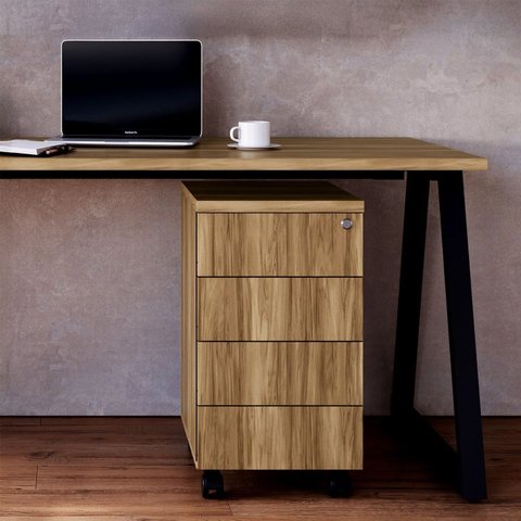 Gaveteiro 36cm x 45cm para Escritório 4 Gavetas com Chave e Rodízios Corporate Marrom/Nogal