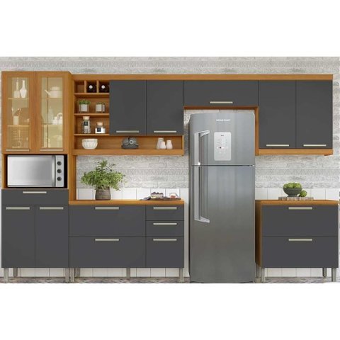 Kit Cozinha Modulada 6 Peças Burguesa Premium 3 Aéreos + 2 Balcões + 1 Paneleiro C6p57 Freijó