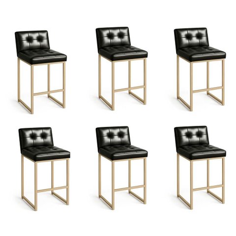 Banqueta Cozinha Alta com Encosto Industrial Kit 6 Champanhe Lirina Pu C05 - D'rossi