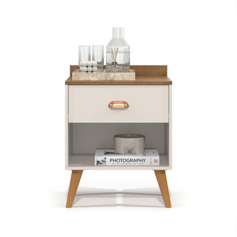 Mesa de Cabeceira Pérola New para Quarto Pés Retrô Puxador Moderno 1 Gaveta - Off White com Freijó