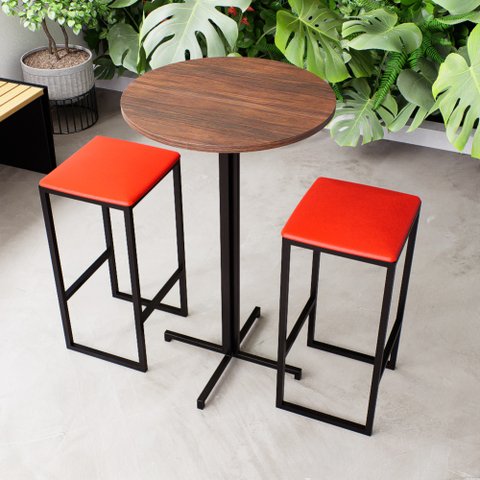 Conjunto Mesa Alta Bar Bistrô Redonda Imbuia 2 Bancos Estofado Don Castro Decor