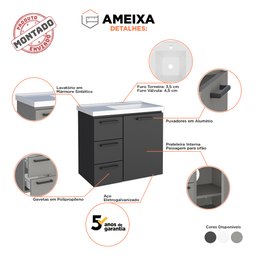 Gabinete para Banheiro em Aço 3 Gavetas Ameixa Preto - Cozimax - 4